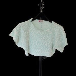 80's Highlights Popcorn Knit Crop‎ Top Mint Green White Short Sleeve Sweater